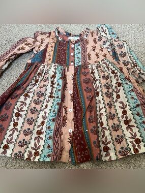 Lucky Jade Cotton Pink and Teal Floral Ruffle Tunic Size 8